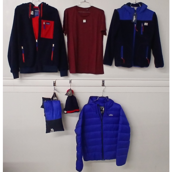 LOT OF 6 - MEN'S MEDIUM JACKETS, HAT, SHIRTS, SWEATER, & SCARF - FT ALLDAY & PENFIELD 