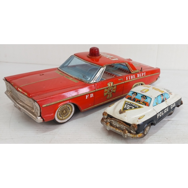 LOT OF 2 - TIN FRICTION FIRE CHIEF & POLICE CARS