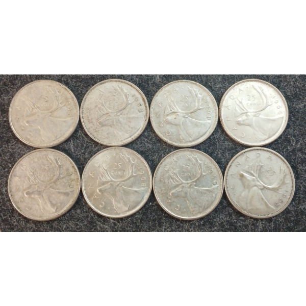 LOT OF 8 - 1958-1968 CDN 25 CENT COINS