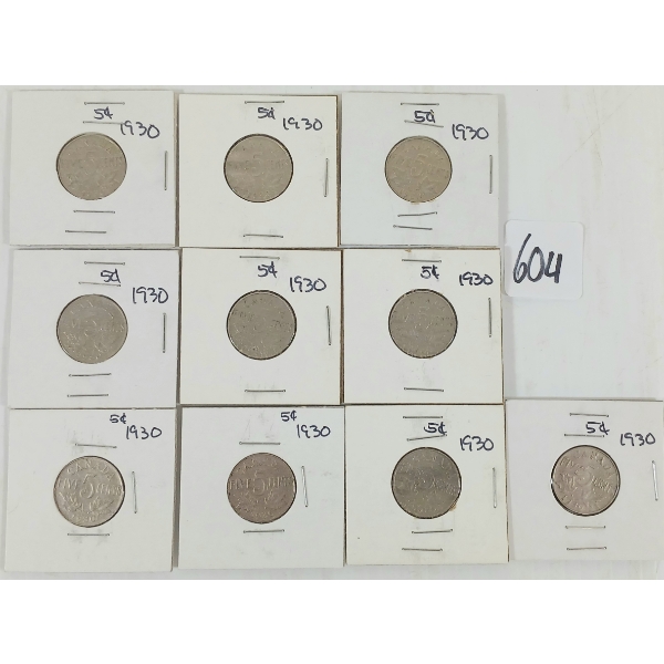 LOT OF 10 - 1930 CDN 5 CENT COINS