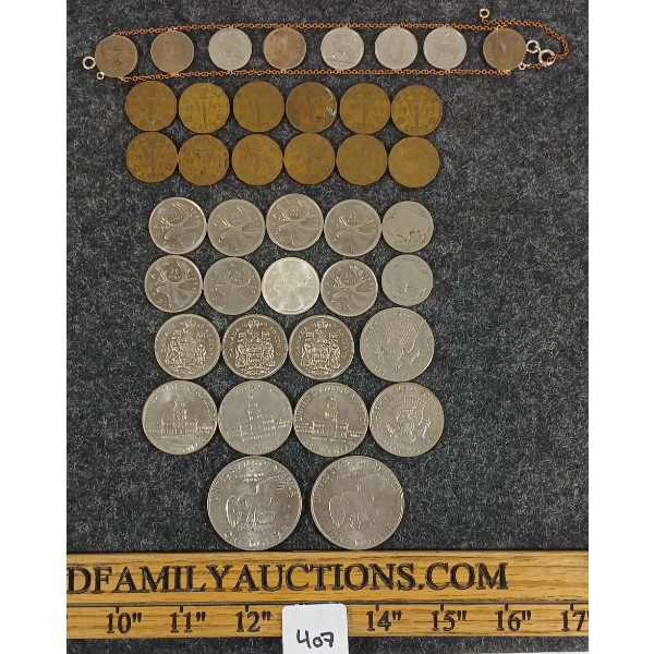 JOB LOT - WORLD COINS - INCL 1963 CDN SILVER 25 CENT, 1972 EISENHOWER DOLLARS, ETC