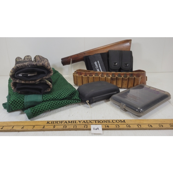 LOT OF 8 - UNMARKED BUTT STOCK, WILDHARE LEFT HAND SHOOTING VEST, ETC 