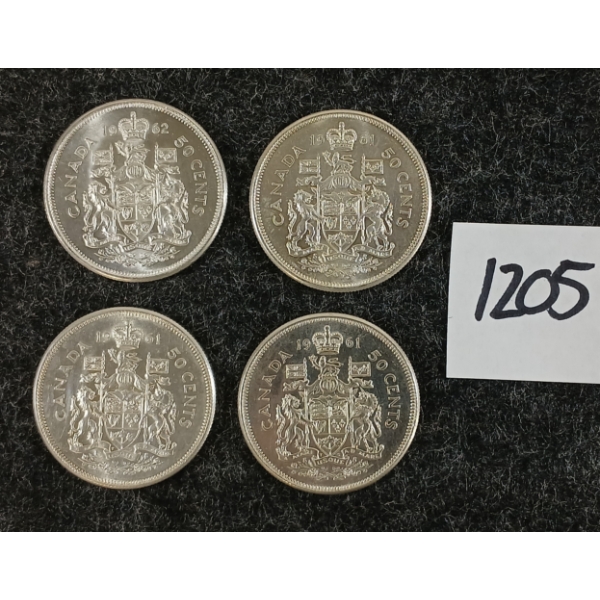 LOT OF 4 - 1961 CDN 50 CENT SILVER COINS