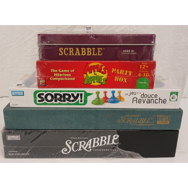 LOT OF 5 - BOARD GAMES - APPLES TO APPLES, SORRY & VARIOUS SCRABBLES