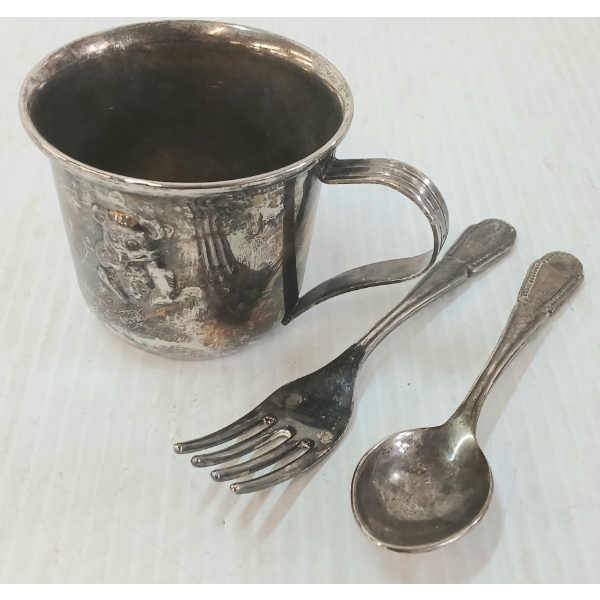 LOT OF 3 - SILVER PLATED BABY CUP, SPOON & FORK