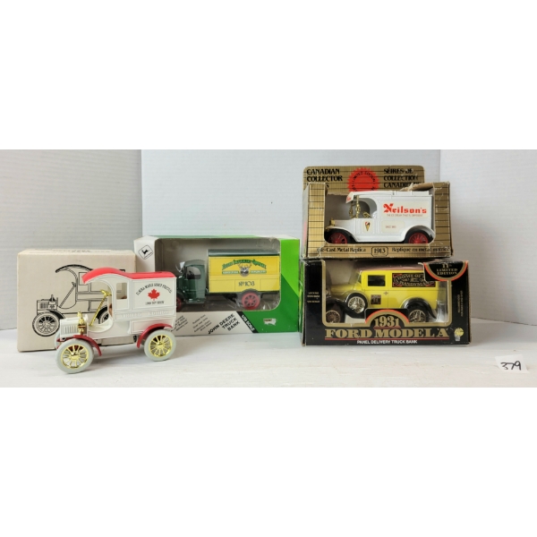 LOT OF 4 - ERTL & LIBERTY DIECAST MODEL COIN BANKS - 1905 DELIVERY VAN, NEILSON'S, JOHN DEERE, ETC