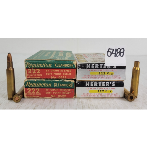 AMMO / BRASS: 80X REMINGTON & NEW HERTERS .222REM MAG - 55GR - 40X BRASS