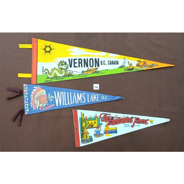LOT OF 3 - BRITISH COLUMBIA PENNANT BANNERS - THE ENCHANTED FOREST, VERNON & WILLIAMS LAKE