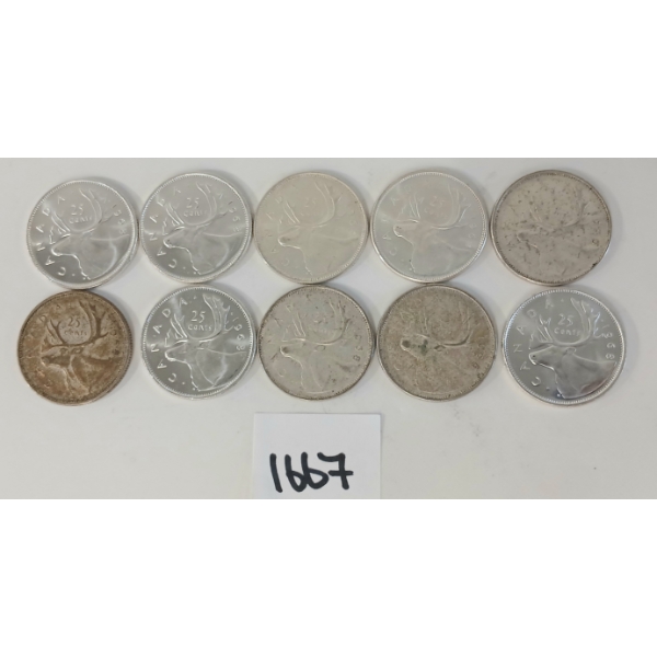 LOT OF 10 - 1964-1968 CDN 25 CENT SILVER COINS