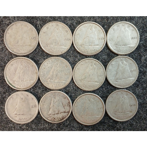 LOT OF 12 - 1943-1964 CDN 10 CENT COINS