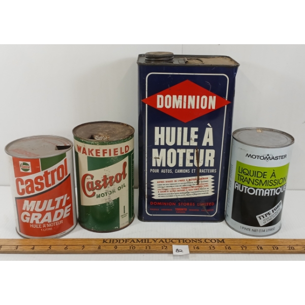 LOT OF 4 - CASTROL, DOMINION & MOTOMASTER MOTOR OIL CANS - GAL & QT