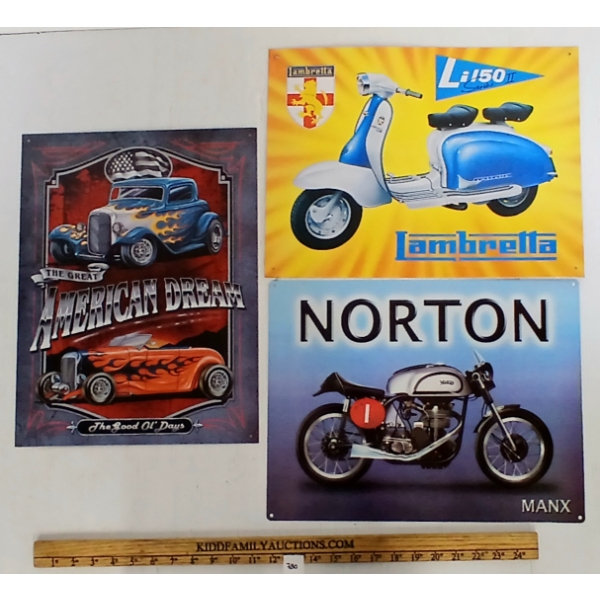 LOT OF 3 - MANX NORTON, AMERICAN DREAM, LAMBRETTA LIL 50 SST SIGNS