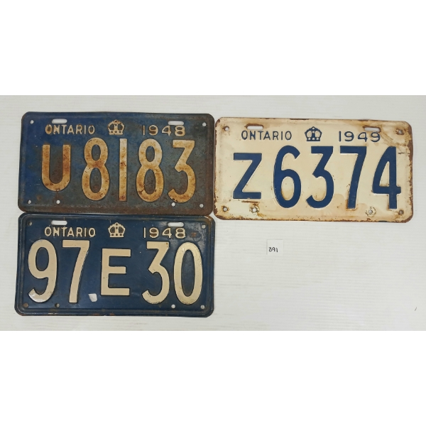 LOT OF 3 - 1948 & 1949 ONTARIO LICENCE PLATES