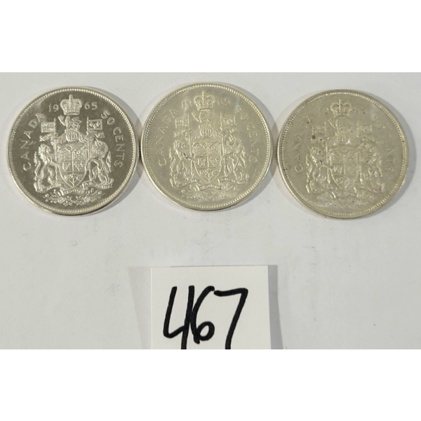 LOT OF 3 - 1965 CDN 50 CENT SILVER COINS