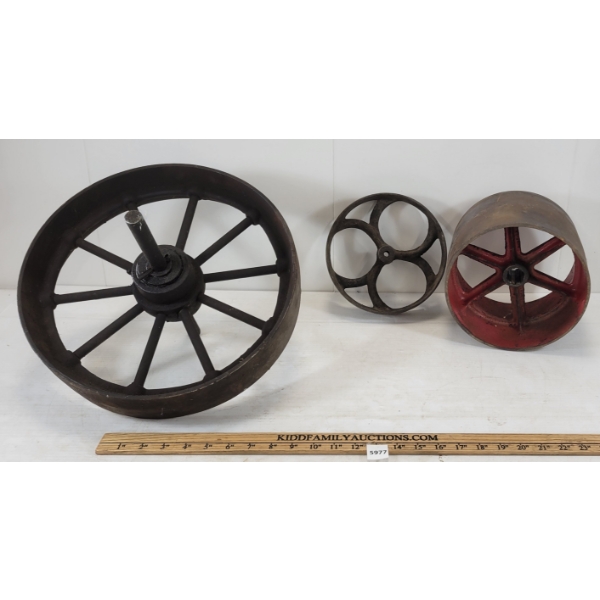 LOT OF 3 - BELT PULLEYS & CART WHEEL
