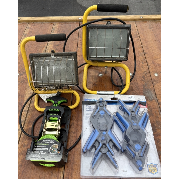 JOB LOT - WORK LIGHTS, SPRING CLAMPS & RATCHET STRAP