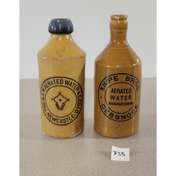 LOT OF 2 - KNIPE BROS. & N.S.W. GLAZED CERAMIC BOTTLES 