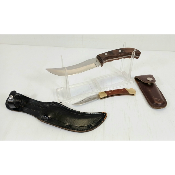 LOT OF 2 - CAMPING & HI-CUT FOLDING / HUNTING KNIVES W/ SHEATHS