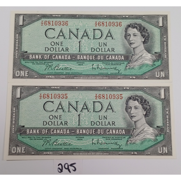 LOT OF 2 - 1954 CDN $1 BANKNOTES - SEQUENTIAL