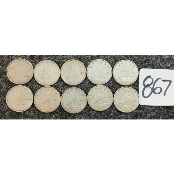 LOT OF 10 - 1949-1966 CDN 10 CENT COINS