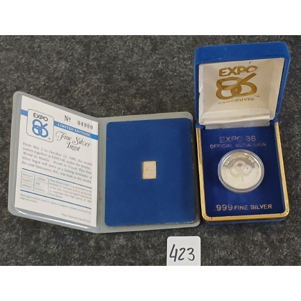 LOT OF 2 - 1986 WORLD EXPO .999 FINE SILVER MEDALLION & FINE SILVER INGOT