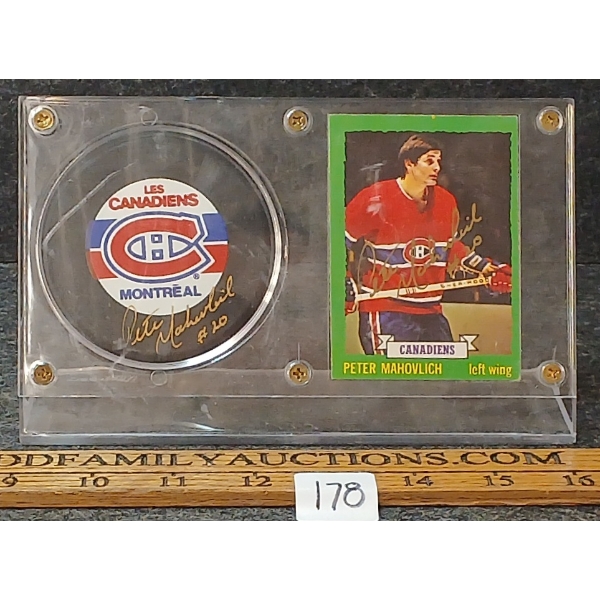1972-1973 OPC NHL MONTREAL CANADIENS PETER MAHOVLICH HOCKEY CARD & PUCK - AUTOGRAOHED