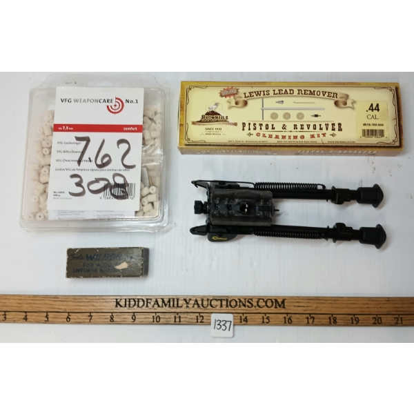 LOT OF 4 - WILSON .30-06 CAL CART CASE GAGE, BIPOD, VFG RIFLE CLEANERS & PISTOL & REVOLVER CLEAN KIT