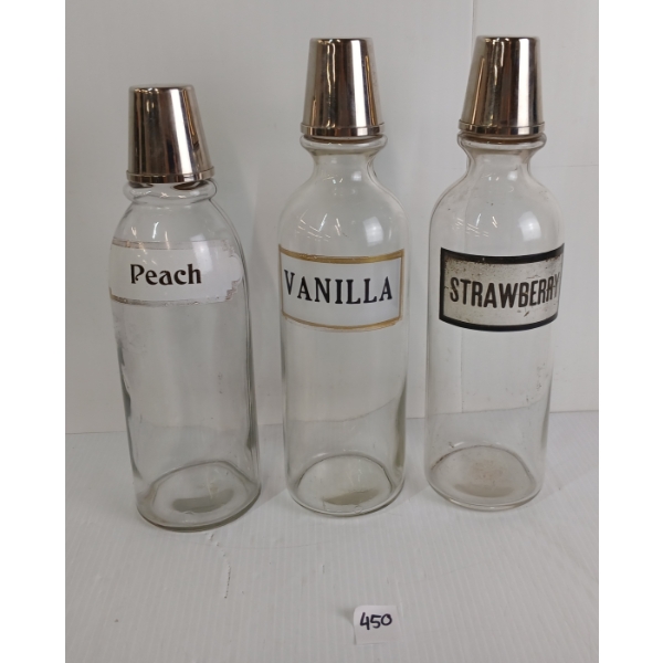 LOT OF 3 - BACK BAR SYRUP BOTTLES - INCL VANILLA, STRAWBERRY & PEACH