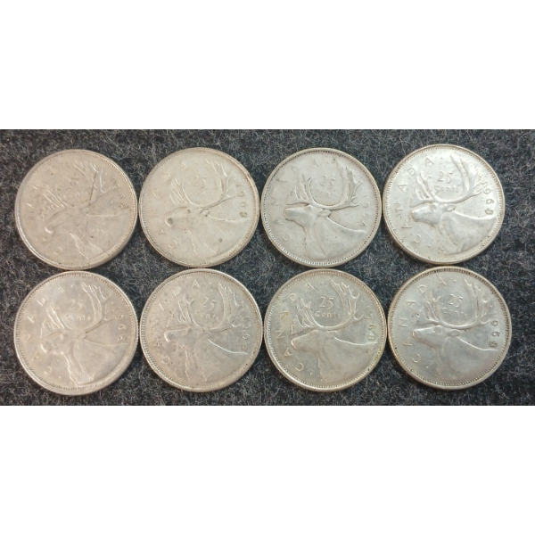 LOT OF 8 - 1954-1968 CDN 25 CENT COINS