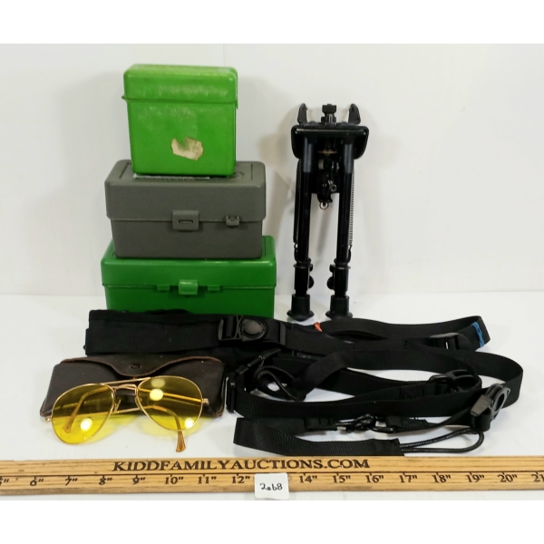 LOT OF 6 - AMMO BOXES, SLING, BIPOD, ETC