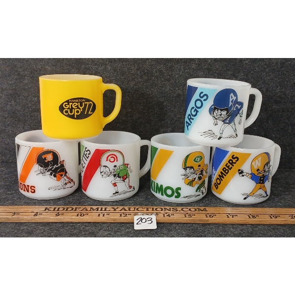 LOT OF 6 - FIRE KING CFL MUGS - ARGOS, ESKIMOS, BLUE BOMBERS, ETC