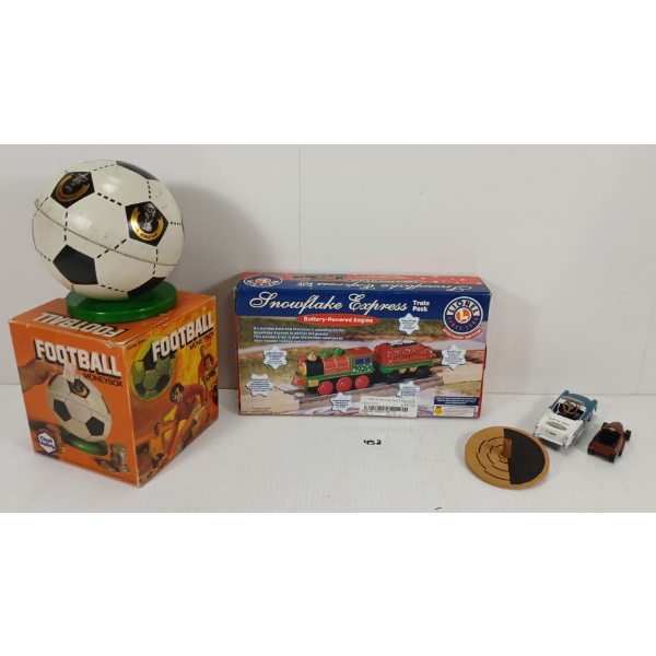 LOT OF 5 - FOOTBALL MONEY BANK & LIONEL BATTERY OP SNOWFLAKE EXPRESS, ETC.