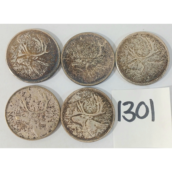 LOT OF 5 - 1953 & 1962-1964 CDN 25 CENT SILVER COINS