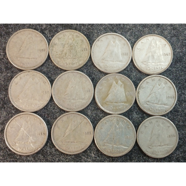 LOT OF 12 - 1951-1965 CDN 10 CENT COINS