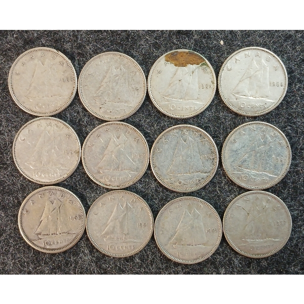 LOT OF 12 - 1949-1966 CDN 10 CENT COINS