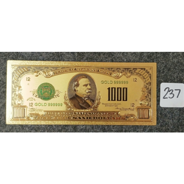 1928 U.S. $1000 BANKNOTE - 24K GOLD LEAF