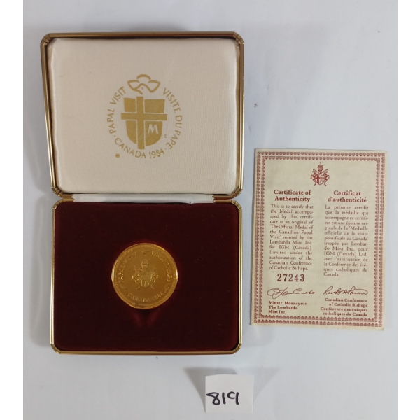 1984 GOLD PLATED PAPAL VISIT TOKEN - W/ ORIG BOX