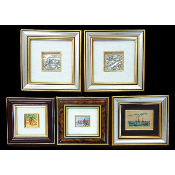 LOT OF 5 - GOLD & SILVER FOIL ETCHINGS - INCL DONKEY RIDING FARMER, ETC