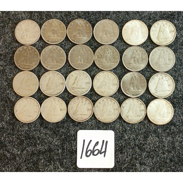 LOT OF 24 - 1946-1972 CDN 10 CENT COINS 