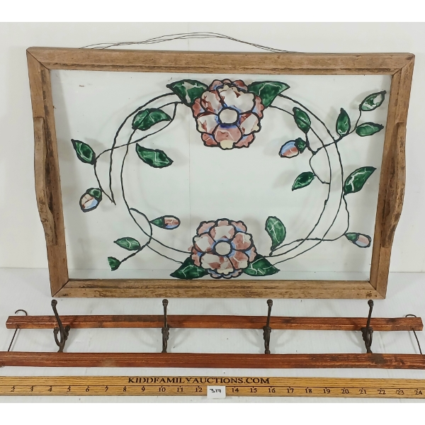 LOT OF 2 - FLORAL STAINED GLASS SERVING TRAY & MOUNTED COAT HOOK RACK