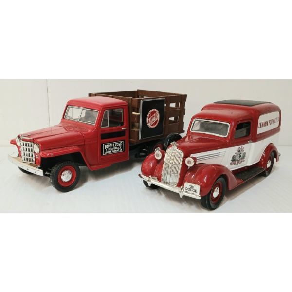 LOT OF 2 - LIBERTY CLASSICS DIECAST 1936 DODGE & 1953 JEEP LENNOX FURNACE MODEL COIN BANKS