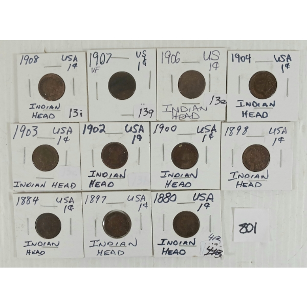 LOT OF 11 - U.S. INDIAN HEAD PENNIES - INCL 1880, 1884 & 1897 ETC