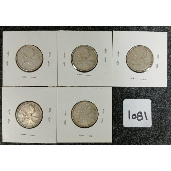 LOT OF 5 - 1962 & 1963 CDN SILVER 25 CENT COINS