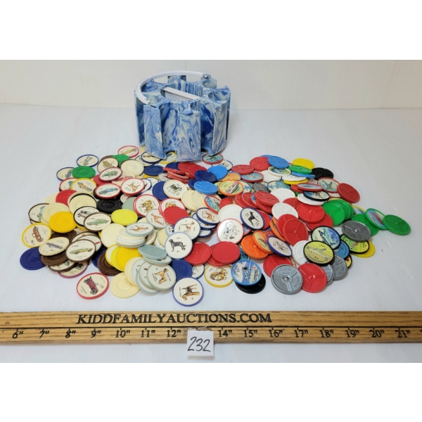 JOB LOT - JELLO TOKENS W/ BAKELITE HOLDER - CARS, PLANES & ANIMALS