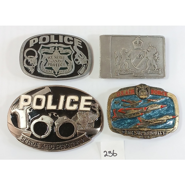 LOT OF 4 - POLICE, NATIONAL FIREARMS ASSOCIATION & US AIR FORCE BELT BUCKLES