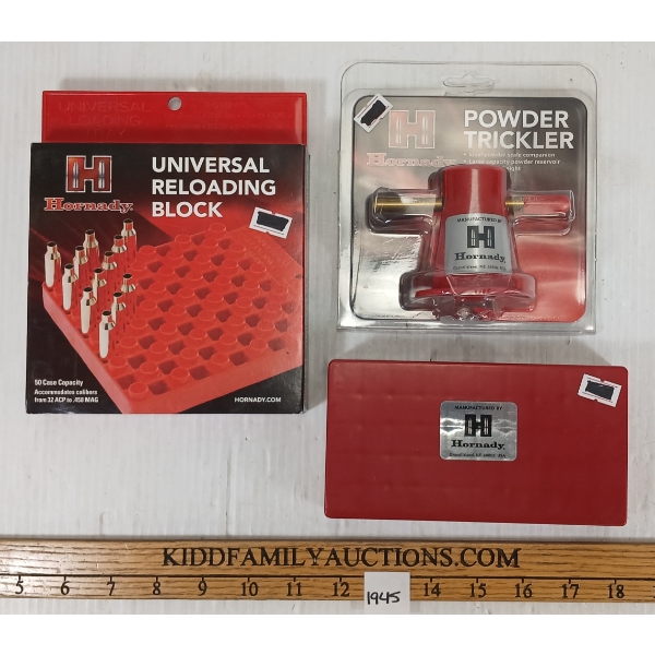 LOT OF 3 - HORNADY RELOADING BLOCKS & POWDER TRICKLER