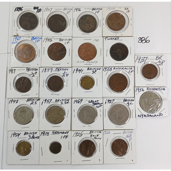 LOT OF 22 - WORLD COINS - INCL 1916 BRIT 1P, 1910 GERMAN 1PF, ETC