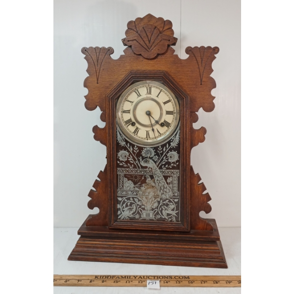 OAK GINGERBREAD MANTEL CLOCK W/ PENDULUM 
