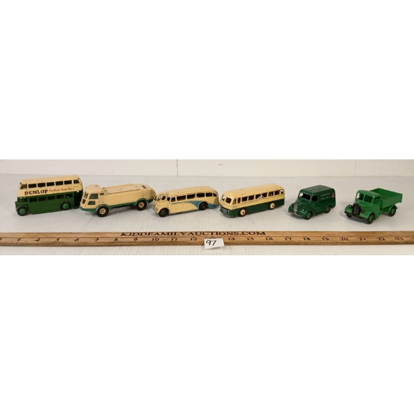 LOT OF 6 - DINKY DIECAST CARS - LEYLAND ROYAL TIGER, CHIVERS JELLIES, BALAYEUSE, ETC