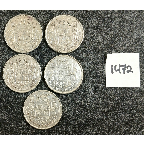 LOT OF 5 - 1945 CDN 50 CENT SILVER COINS 